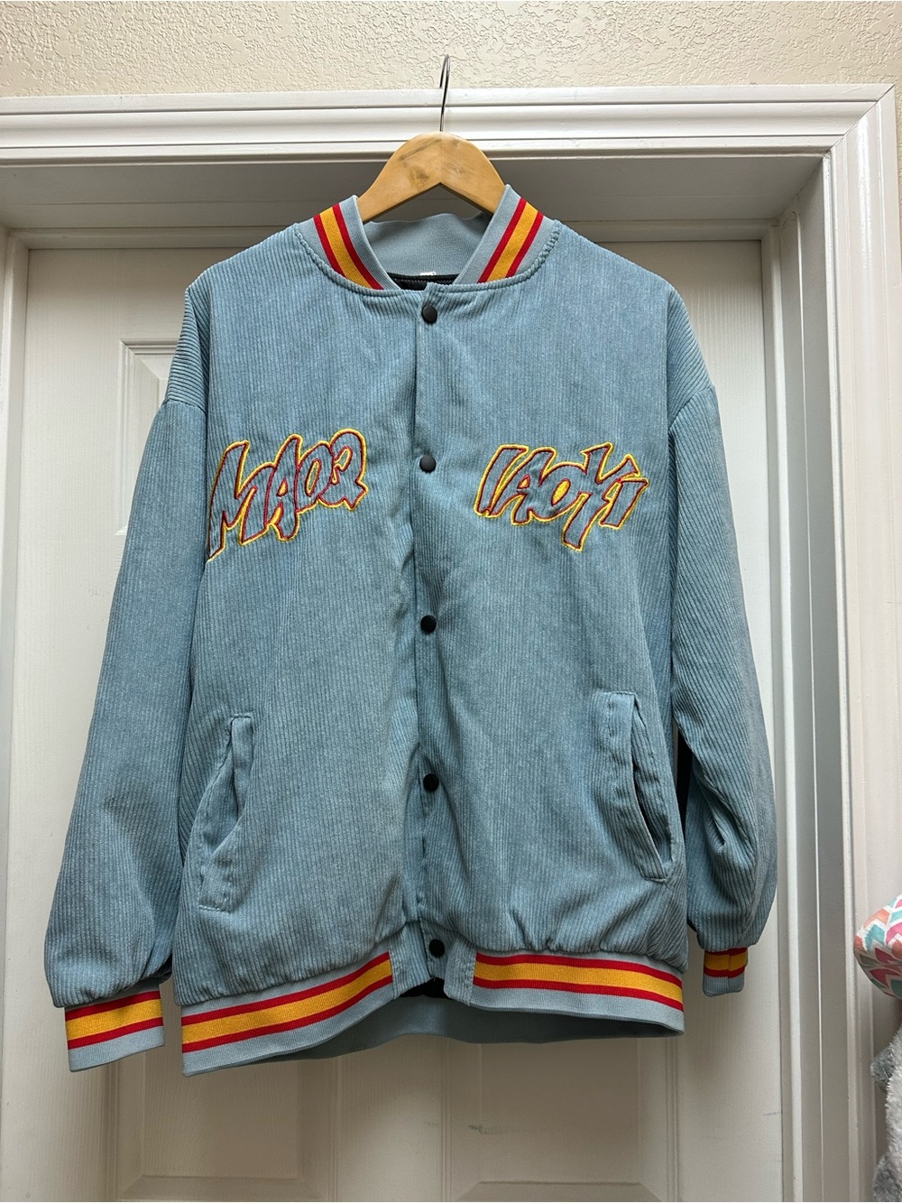Aelfric Eden Light Blue Corduroy Varsity Jacket with Red & Yellow Trim